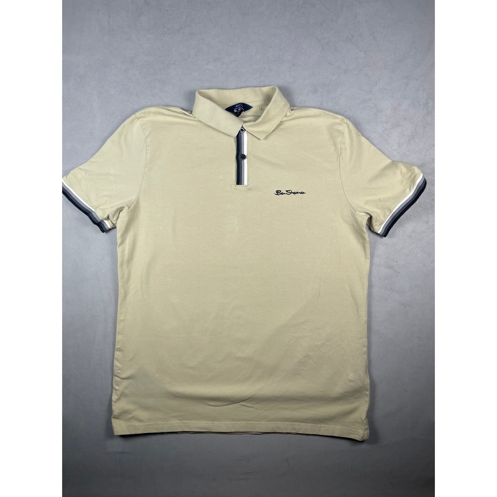 Ben Sherman Mens Short Sleeve Polo Shirt Tan Beige Striped Placket Size M‎